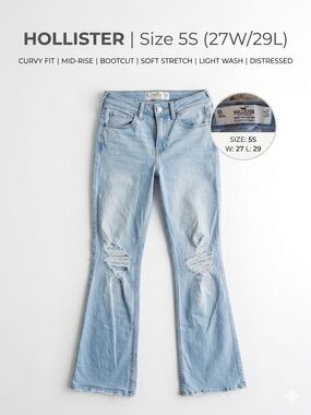Hollister Curvy Mid-Rise Bootcut Jeans - Distressed Light Wash - 5S